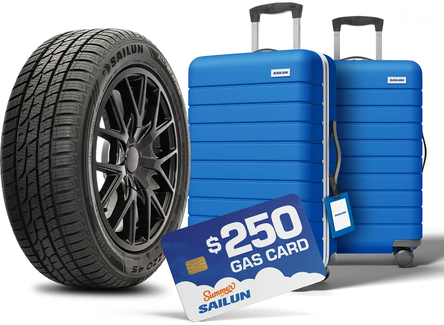Promotional image showing a Sailun tire on a black alloy wheel beside two bright blue rolling suitcases and a blue “$250 gas card” in front. The background is plain white, and Sailun branding appears on the tire, luggage, and card.