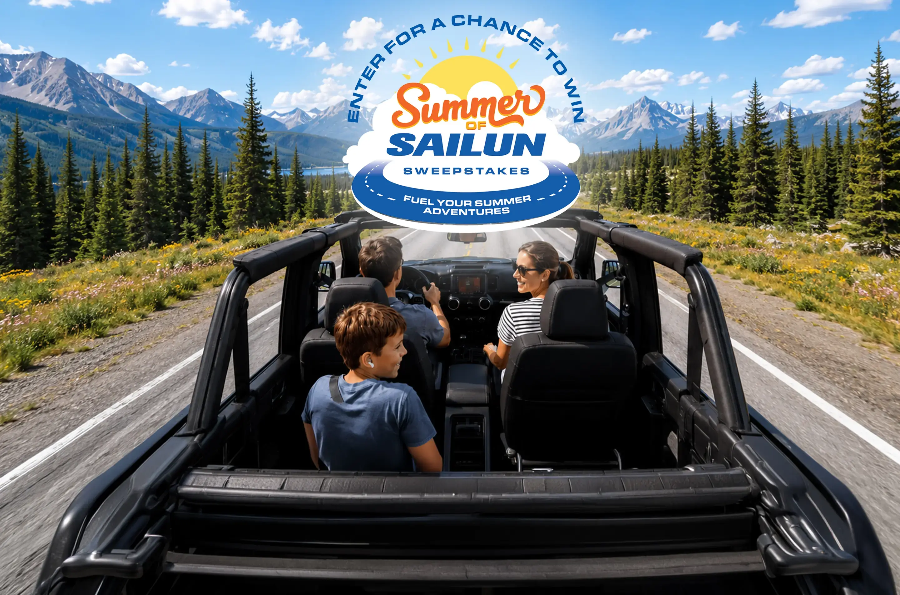 A family rides in an open-top SUV along a scenic mountain road lined with pine trees, with a lake and snow-capped peaks in the background. A large “Summer of Sailun Sweepstakes” graphic is overlaid in the center, with text above reading “Enter for a chance to win” and a tagline below, “Fuel your summer adventures.”