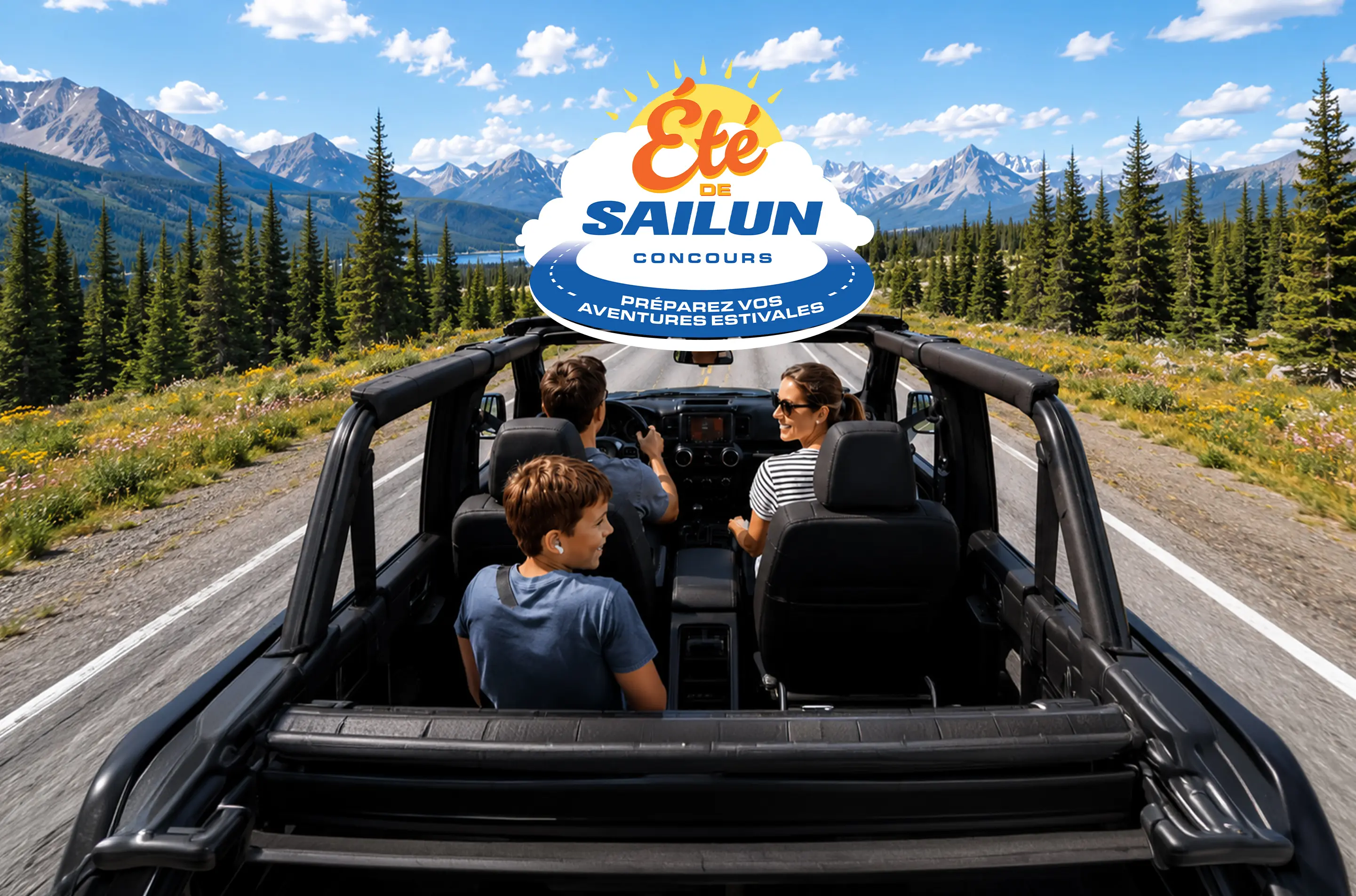 Une famille roule à bord d’un VUS décapotable sur une route de montagne pittoresque bordée de pins, avec un lac et des sommets enneigés en arrière-plan. Un grand visuel intitulé « Concours Summer of Sailun » est superposé au centre, avec au-dessus le texte « Participez pour courir la chance de gagner » et, en dessous, le slogan « Donnez un coup de pouce à vos aventures estivales ».