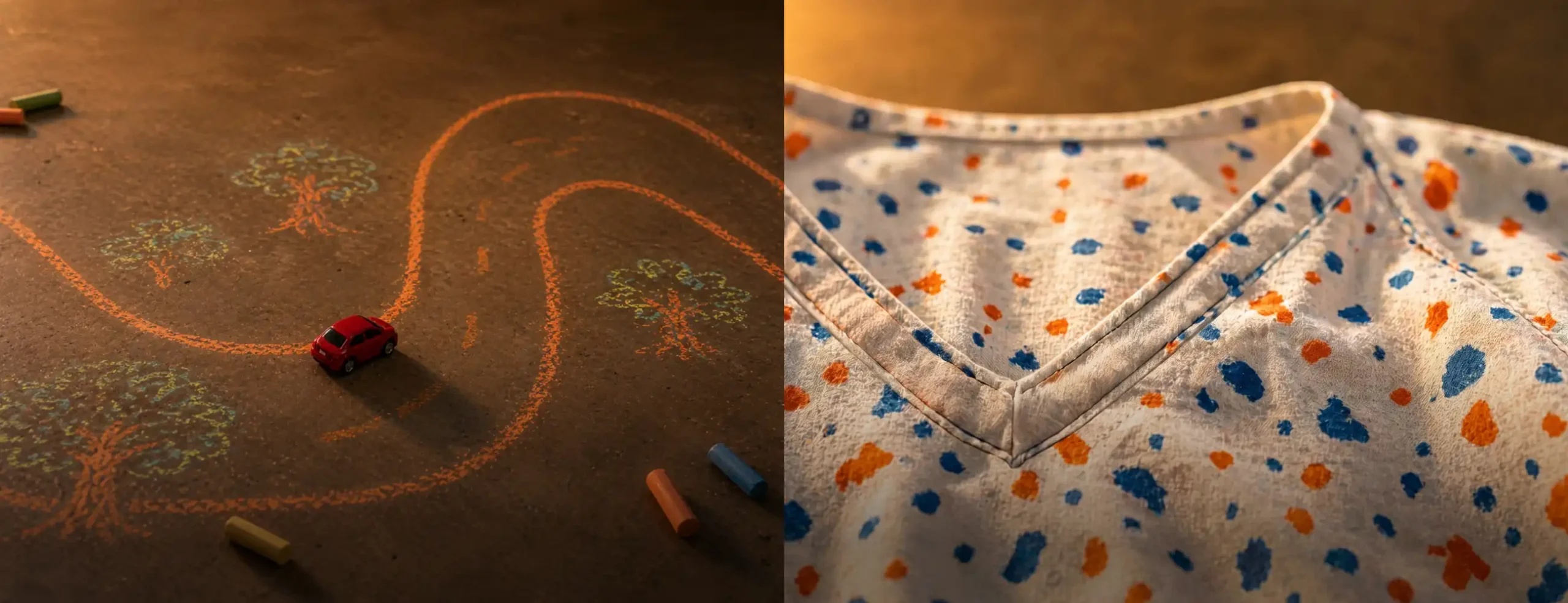 Split image showing a toy red car driving along a chalk-drawn road with trees on pavement beside a patterned hospital gown with blue and orange dots.
