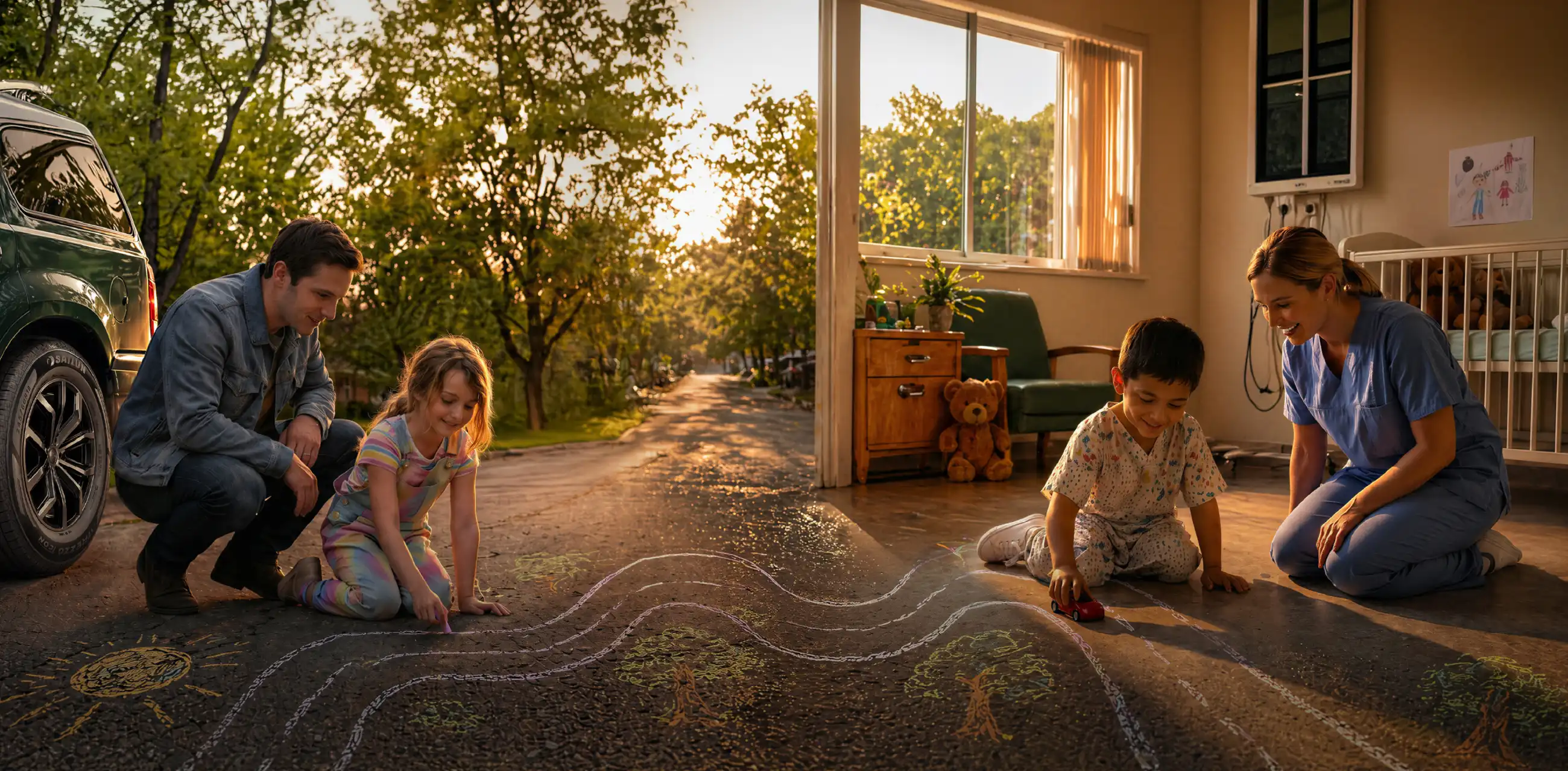 A young girl drawing with sidewalk chalk beside a parked SUV outdoors while a young boy plays with a toy car indoors with a smiling nurse, connected by a continuous chalk road across a split scene at sunset.