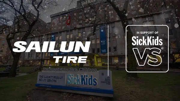 Sailun Tire and SickKids VS campaign graphic displayed in front of SickKids Hospital building.