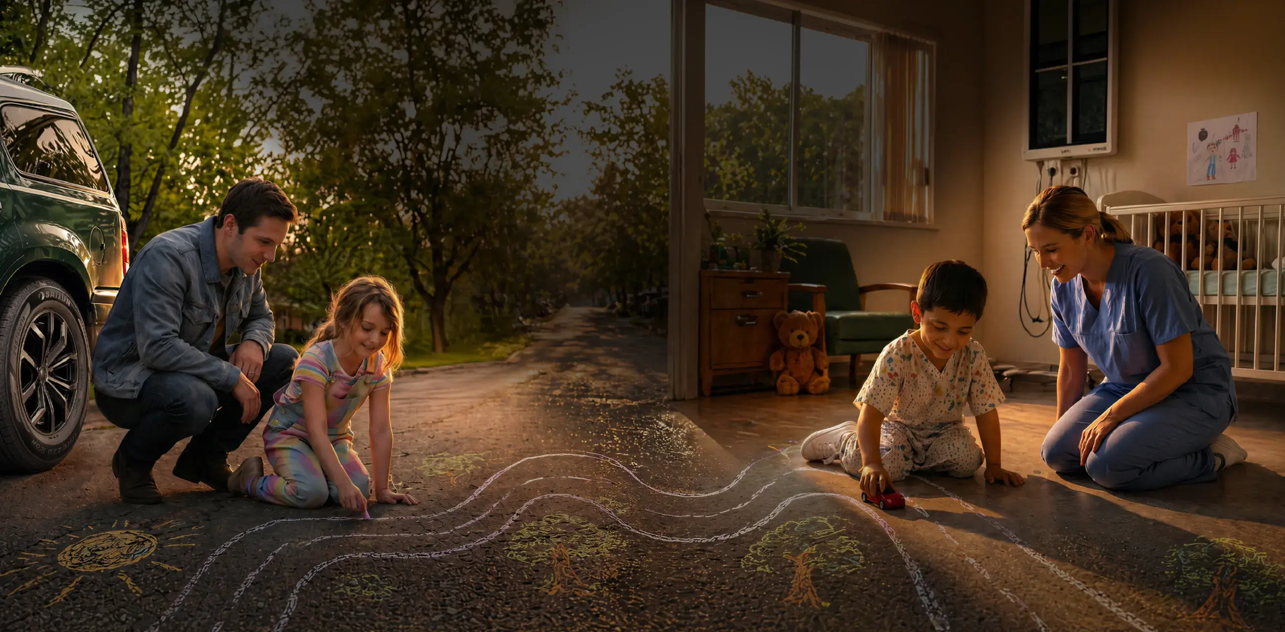 A young girl drawing with sidewalk chalk beside a parked SUV outdoors while a young boy plays with a toy car indoors with a smiling nurse, connected by a continuous chalk road across a split scene at sunset.
