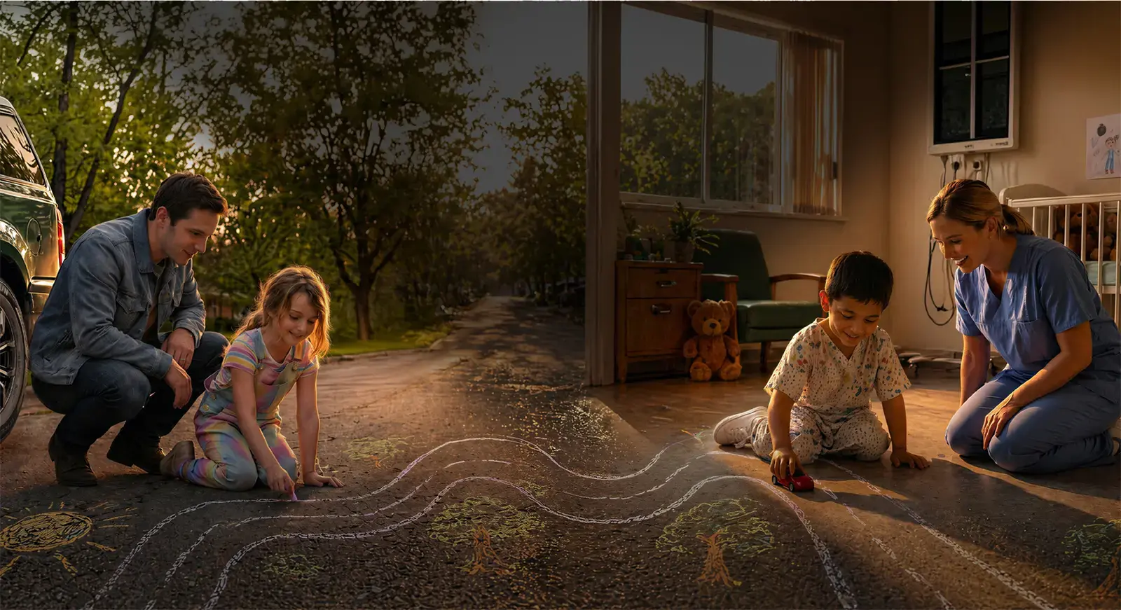 A young girl drawing with sidewalk chalk beside a parked SUV outdoors while a young boy plays with a toy car indoors with a smiling nurse, connected by a continuous chalk road across a split scene at sunset.