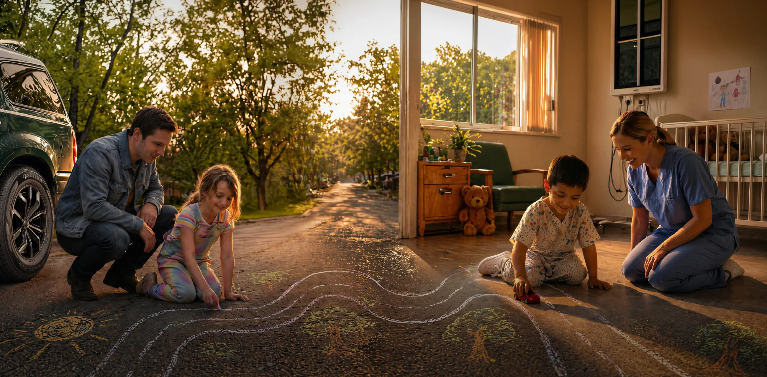 A young girl drawing with sidewalk chalk beside a parked SUV outdoors while a young boy plays with a toy car indoors with a smiling nurse, connected by a continuous chalk road across a split scene at sunset.