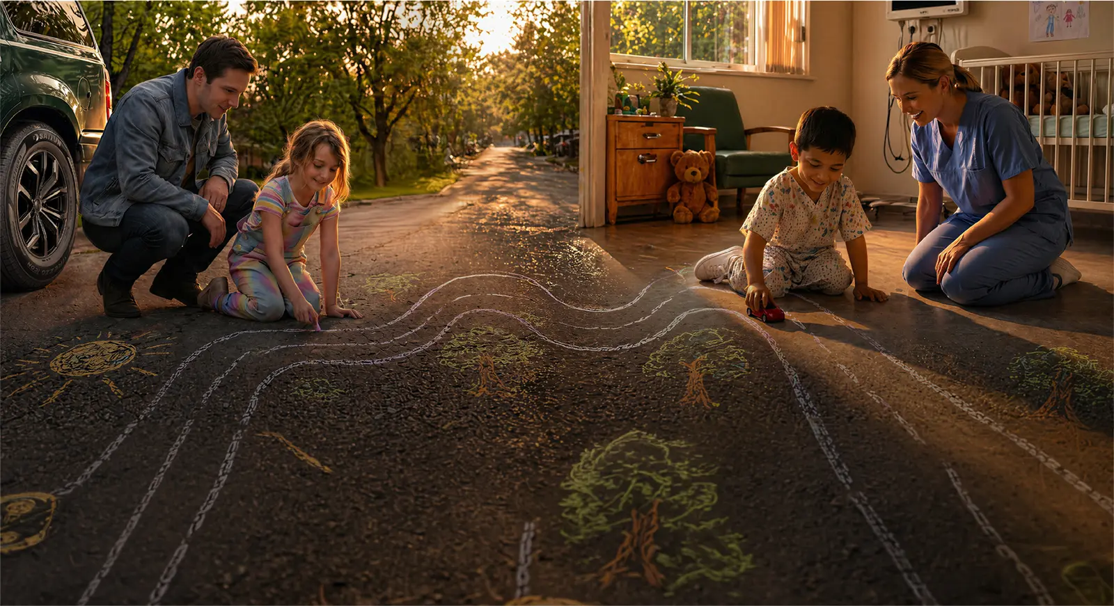 A young girl drawing with sidewalk chalk beside a parked SUV outdoors while a young boy plays with a toy car indoors with a smiling nurse, connected by a continuous chalk road across a split scene at sunset.