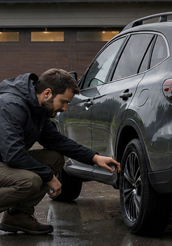 Driver checking a tire in the rain.