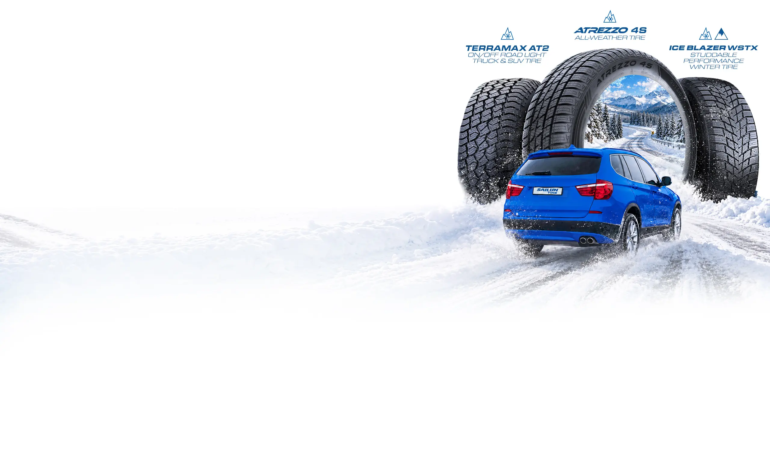 Winter promotional banner featuring three Sailun tire models—Terramax AT2, Atrezzo 4S, and Ice Blazer WSTX—displayed behind a blue SUV driving through a snowy road. A winter mountain landscape appears through the center tire, with snow-covered terrain across the foreground.